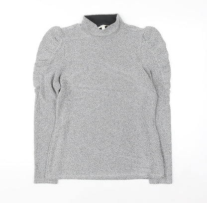 Feather & Bone London Women’s Silver Metallic Roll Neck Puff Sleeve Top L