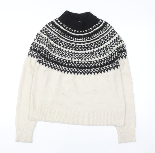 H&M Women Beige Fair Isle Roll Neck Jumper Size S