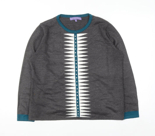 Autonomy Women's Grey Geometric Crew Neck Pullover Jumper Size L
