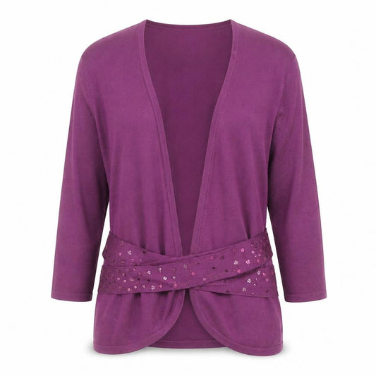 Front view of Kaliko Women's Purple Sequin Trim Cardigan, size 14