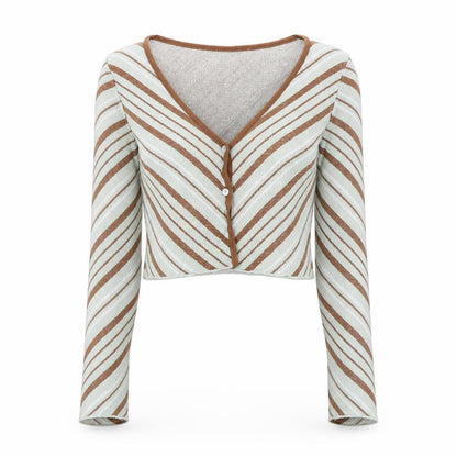 Zara Women Brown Striped V-Neck Knit Cardigan Size S
