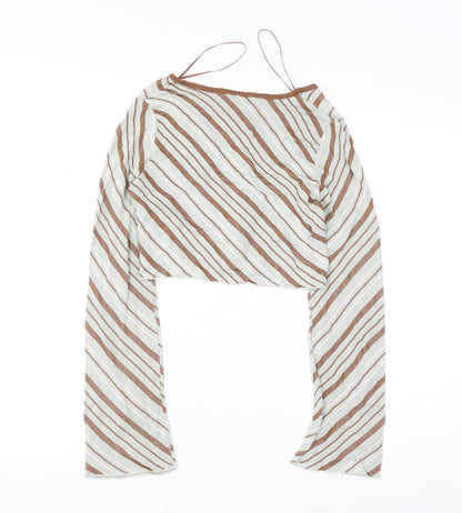ZARA Women Brown Striped V-Neck Knit Cardigan Size S