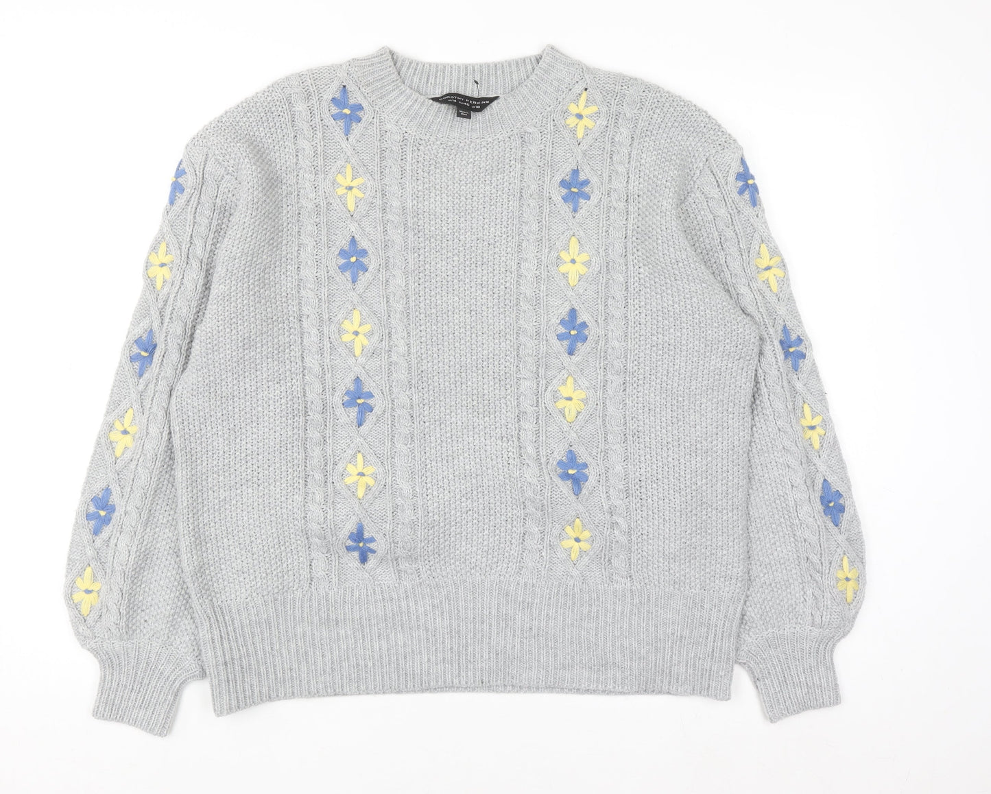 Dorothy Perkins Women's Grey Cable-Knit Jumper UK 18 Floral Embroidery
