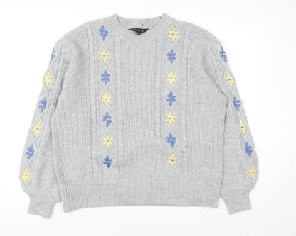 Dorothy Perkins Women's Grey Cable-Knit Jumper UK 18 Floral Embroidery