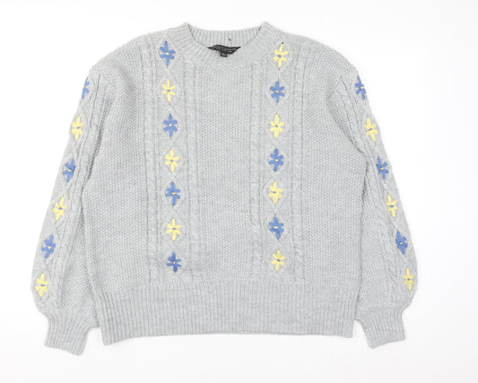 Dorothy Perkins Women's Grey Cable-Knit Jumper UK 18 Floral Embroidery