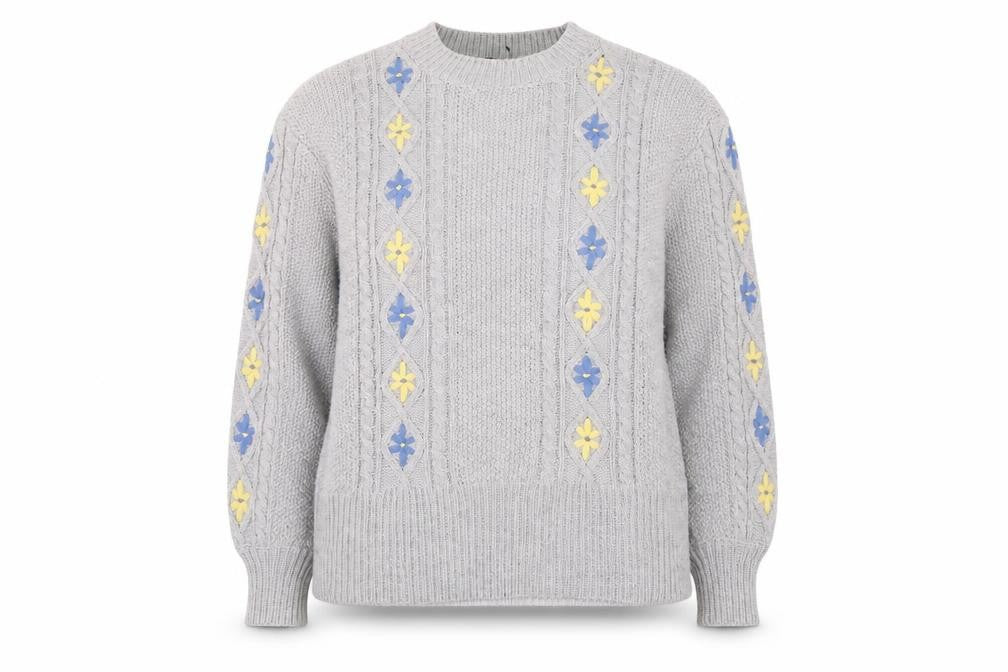 Dorothy Perkins Women's Grey Cable-Knit Jumper UK 18 Floral Embroidery