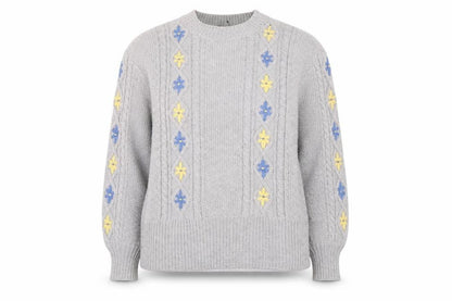 Dorothy Perkins Women's Grey Cable-Knit Jumper UK 18 Floral Embroidery