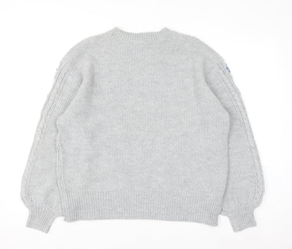 Dorothy Perkins Women's Grey Cable-Knit Jumper UK 18 Floral Embroidery