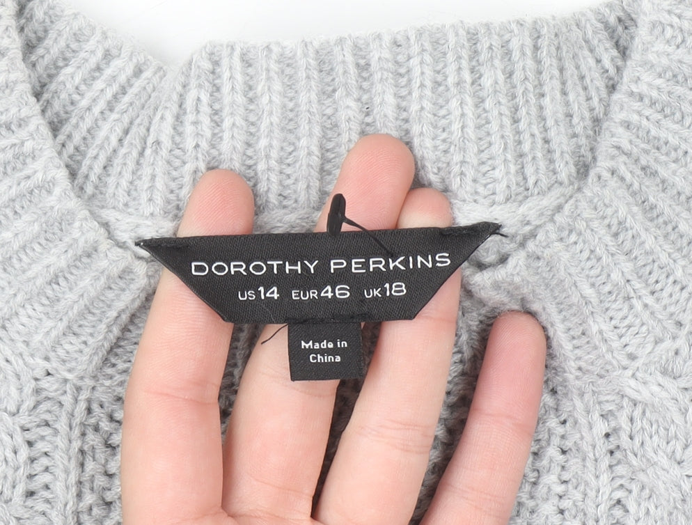 Dorothy Perkins Women's Grey Cable-Knit Jumper UK 18 Floral Embroidery