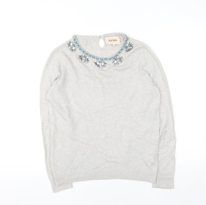 Havren Women's Grey Beaded Crew Neck Jumper Size 12