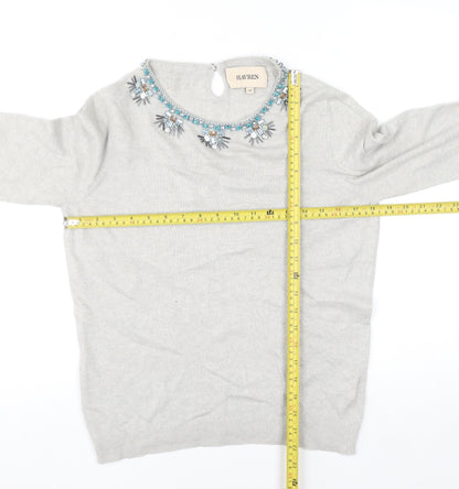 Havren Women's Grey Beaded Crew Neck Jumper Size 12