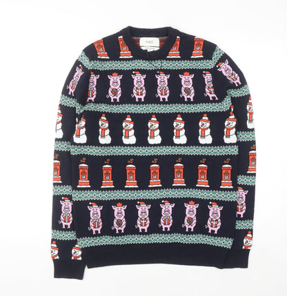 Marks and Spencer Men's Blue Christmas Cotton Jumper Size S