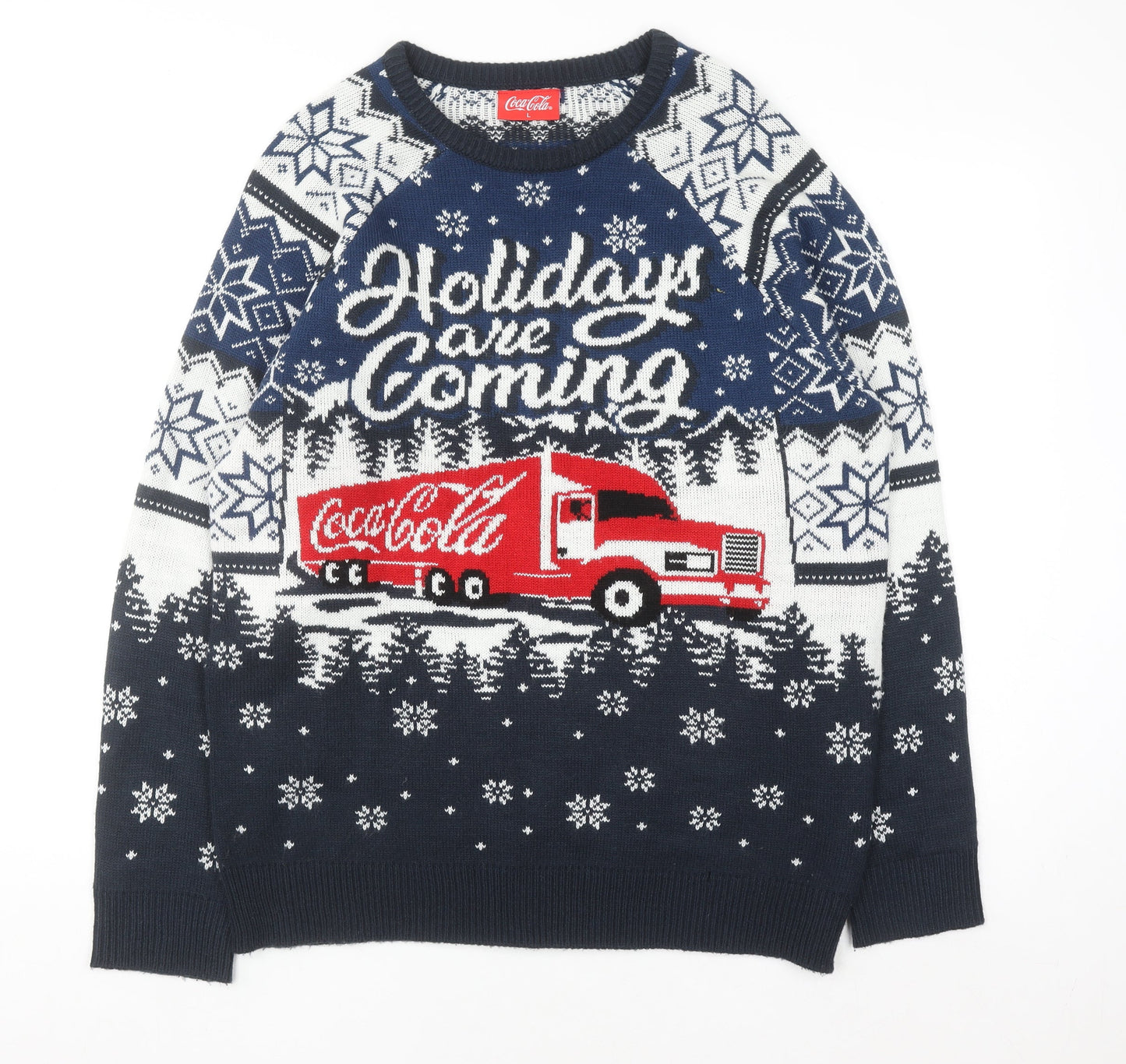 Coca-Cola Men's Blue Christmas Pullover Jumper L Holiday Sweater