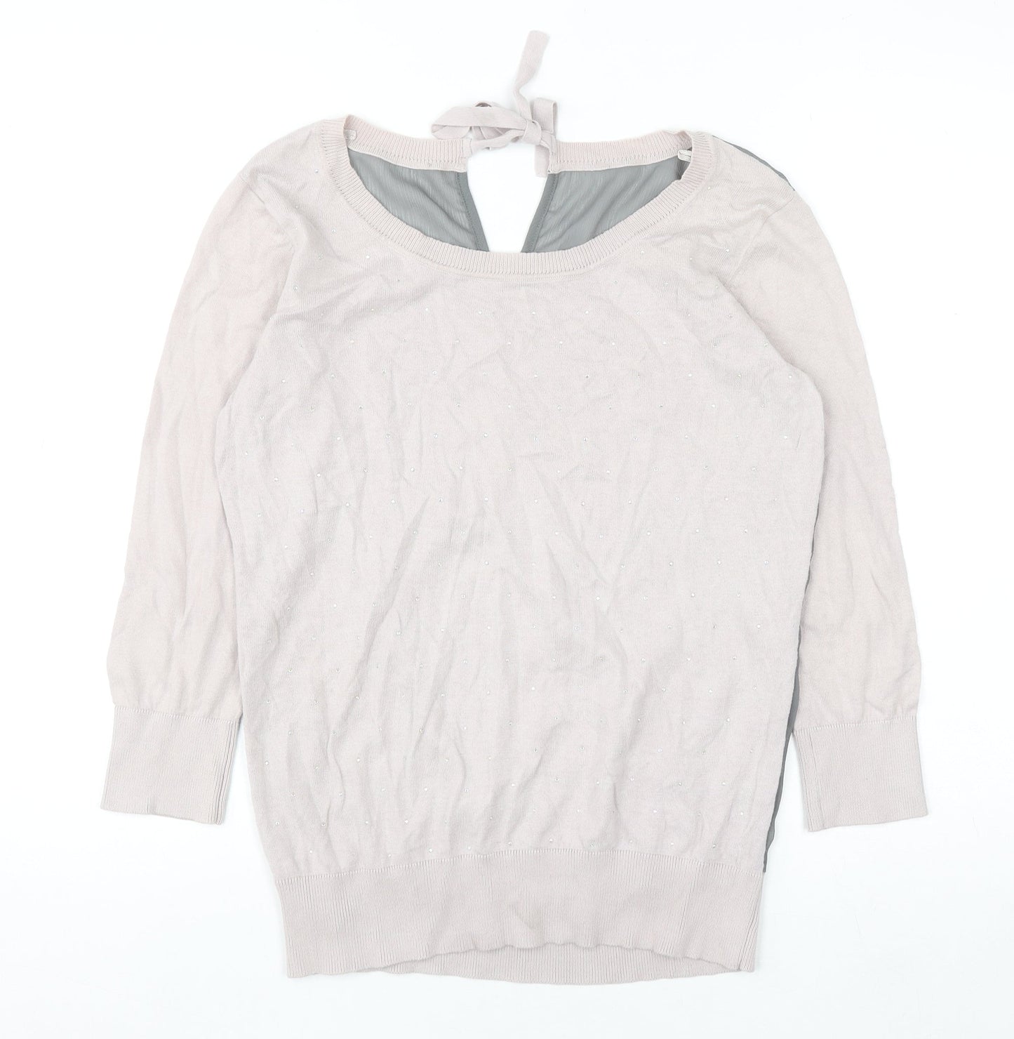 Next Women Beige Beaded 3/4 Sleeve Knit Blouse UK 12