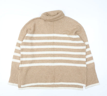 F&F Women’s Beige Striped Roll Neck Wool Blend Jumper Size S