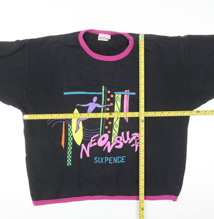 Sixpence Women's Black Neon Surf 80s Graphic Cotton 3/4 Sleeve T-Shirt M