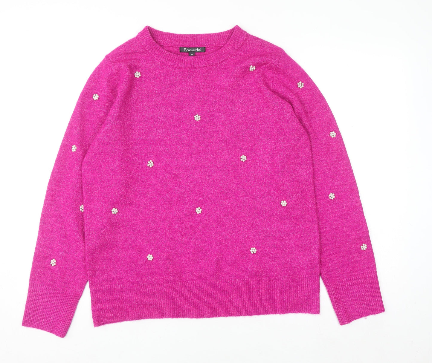 Bonmarché Women Pink Beaded Crew Neck Long Sleeve Jumper Size 14