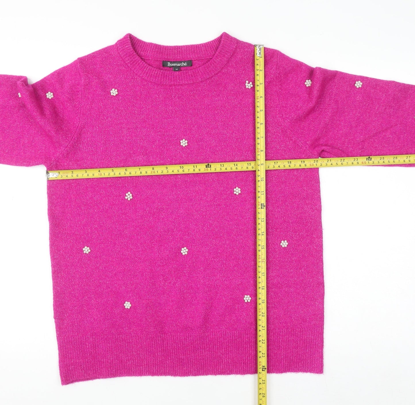 Bonmarché Women Pink Beaded Crew Neck Long Sleeve Jumper Size 14