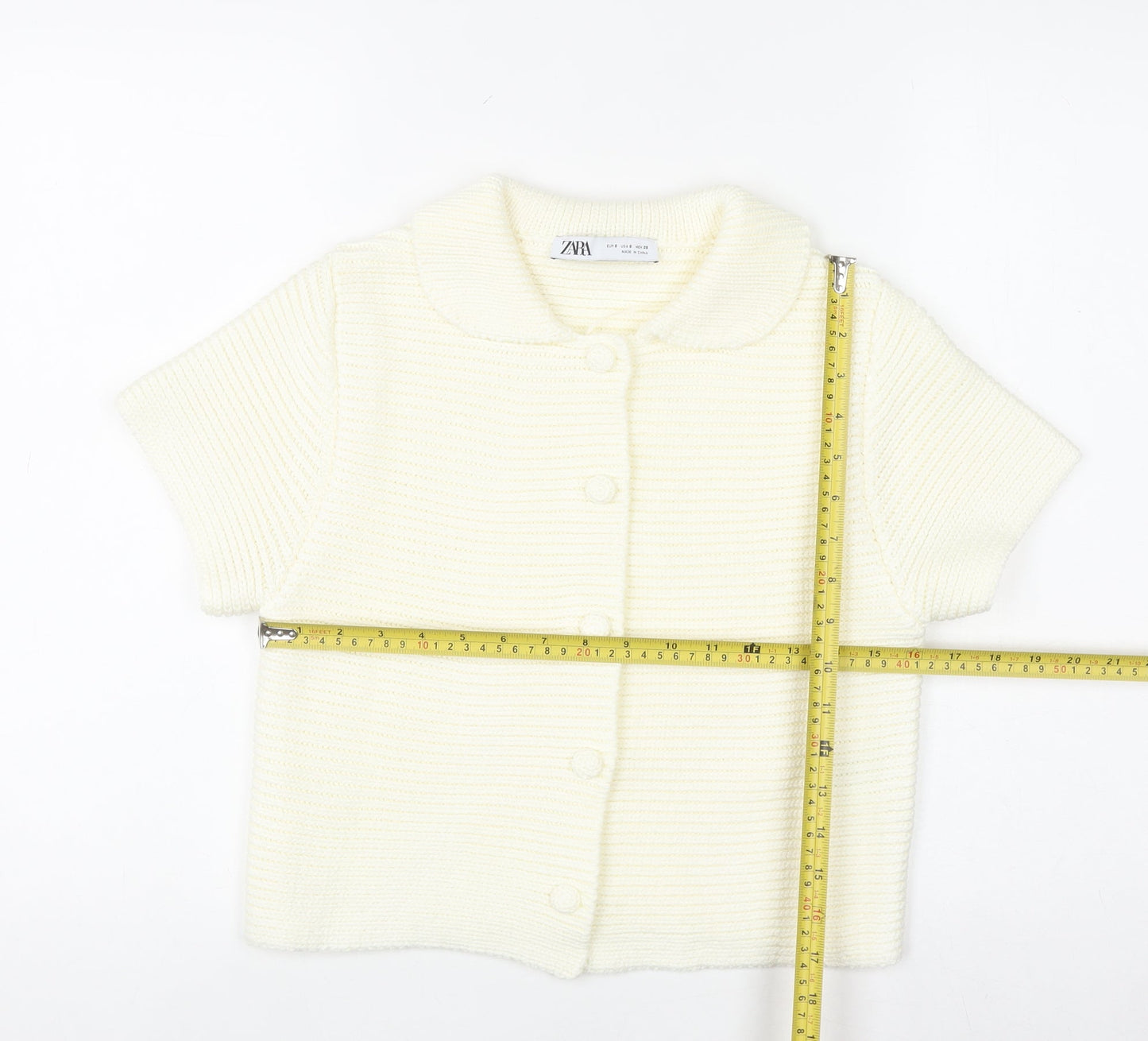 Zara Women Ivory Short Sleeve Knit Cardigan S Classic Collared Style
