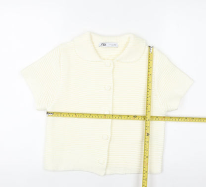 Zara Women Ivory Short Sleeve Knit Cardigan S Classic Collared Style