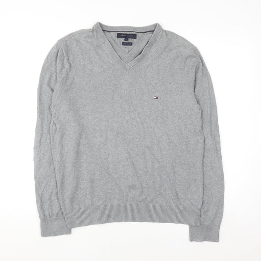 Tommy Hilfiger Men's Grey Cotton Cashmere V-Neck Jumper Size L