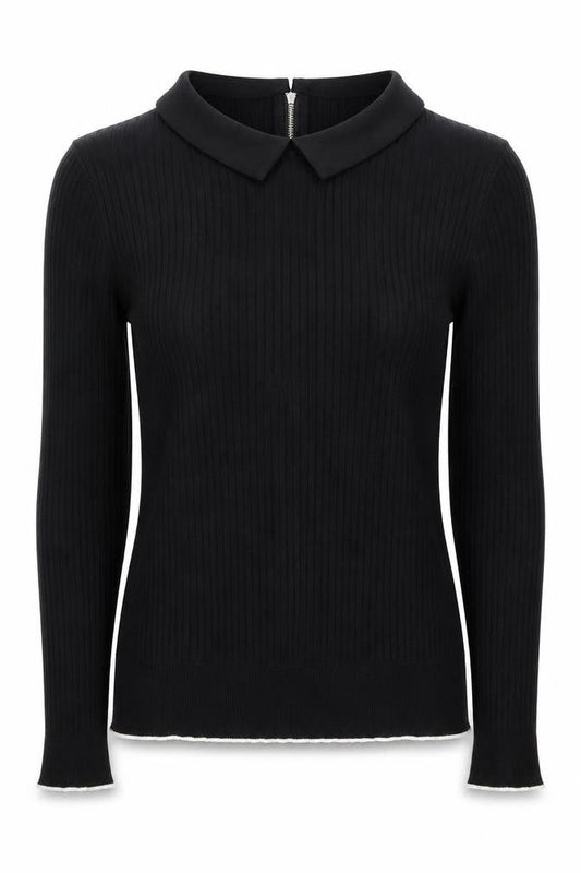 Dunnes Women's Black Collared Knit Long Sleeve Blouse Size 16