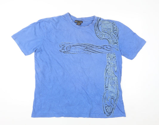 Atlas For Men Blue Tribal Print Cotton Short Sleeve Crew Neck T-Shirt L