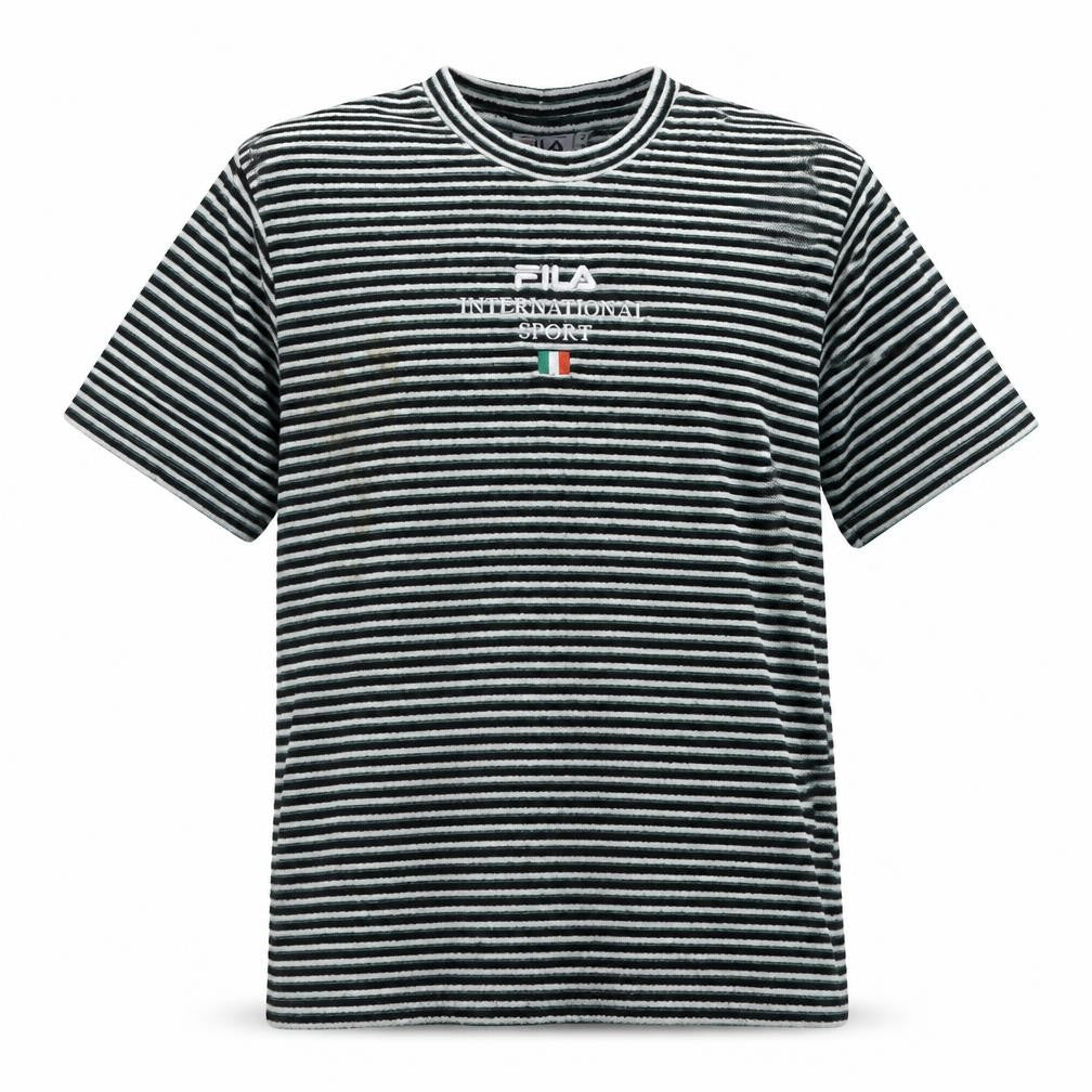 Front view of Fila Men’s Green Striped Embroidered Sports T-Shirt, size S, Retro Style