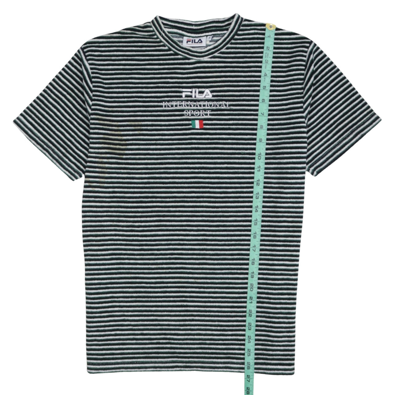 FILA Men’s Green Striped Embroidered Sports T-Shirt Size S Retro Style