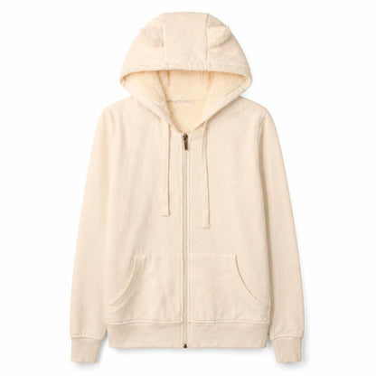 Front view of FB Sister women’s ivory full zip hooded sweatshirt xs faux fur lined
