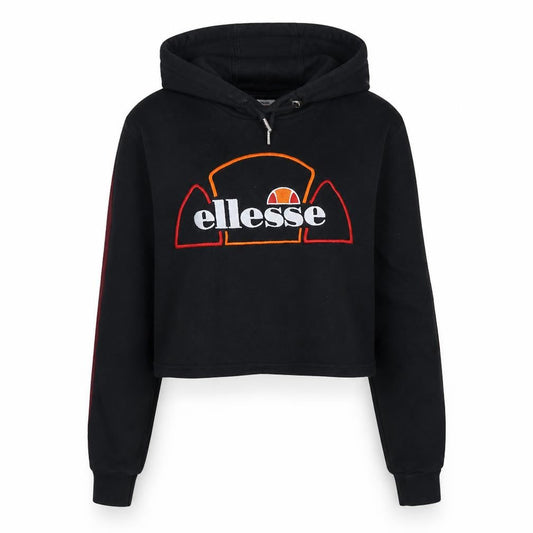 Front view of Ellesse women’s black cropped hoodie uk 8 cotton blend logo hooded sweatshirt