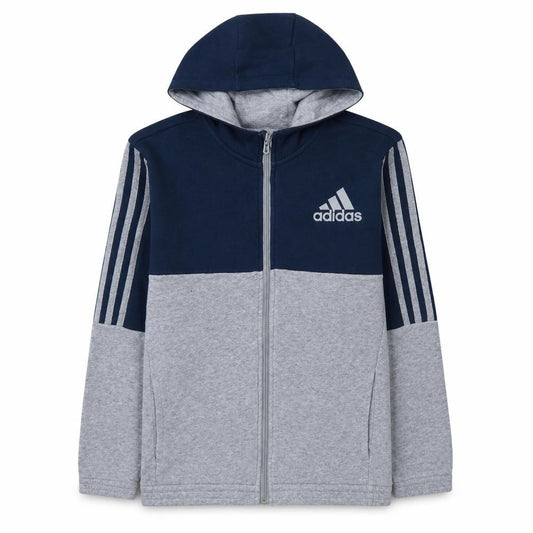 Front view of Adidas boys’ grey & navy full zip hoodie, size 13-14a 164cm cotton blend