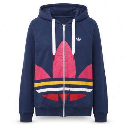 Front view of Adidas Women’s Blue Full Zip Hoodie, size UK 14, Logo Print Casual