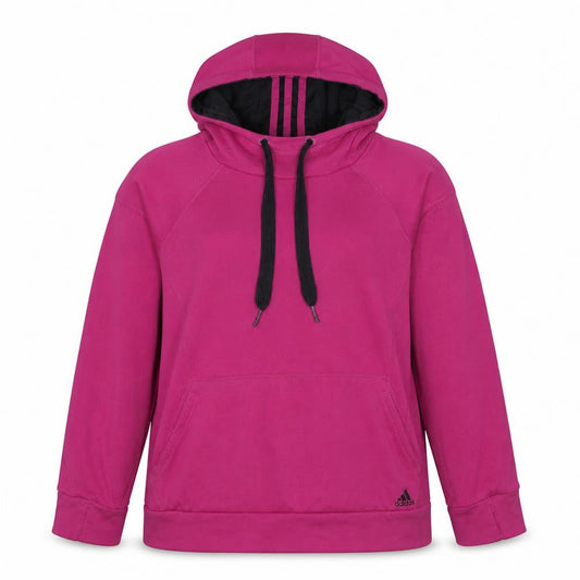 Front view of Adidas girls’ pink pullover hoodie, size L, fleece lined sportswear