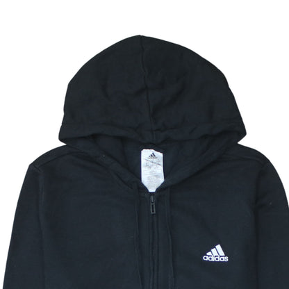 Adidas Women Black Full Zip Hoodie L 16-18 Logo Sleeve Casual Sportswear