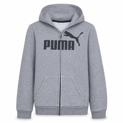 Front view of Puma boys’ grey full zip hoodie, size 13-14, years graphic print sportswear