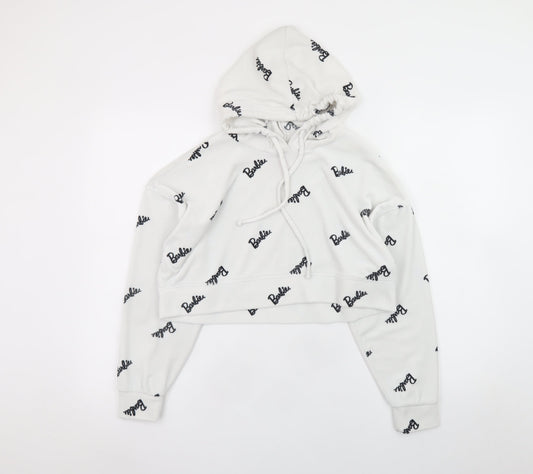 Barbie White XS Cropped Pullover Hoodie for Women with Logo Print