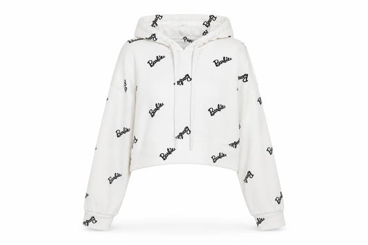Barbie White XS Cropped Pullover Hoodie for Women with Logo Print