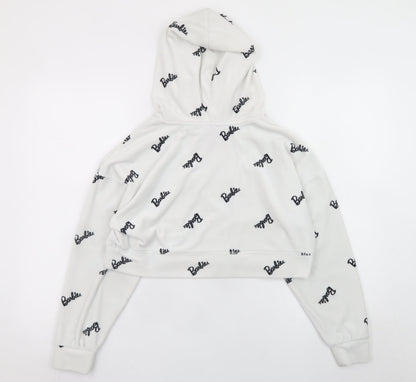 Barbie White XS Cropped Pullover Hoodie for Women with Logo Print