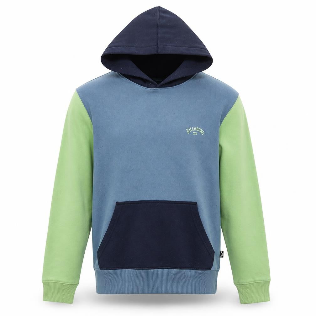 Front view of Billabong boys’ blue green hoodie, size 14, pullover cotton blend hooded