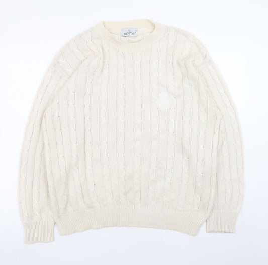 GENFINS Men’s Ivory Cable-Knit Cotton Acrylic Jumper XL Crew Neck