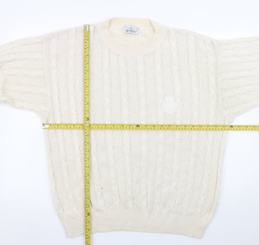 GENFINS Men’s Ivory Cable-Knit Cotton Acrylic Jumper XL Crew Neck