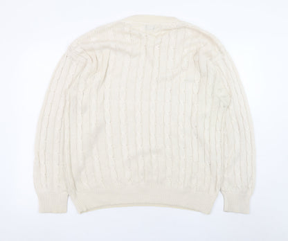 GENFINS Men’s Ivory Cable-Knit Cotton Acrylic Jumper XL Crew Neck