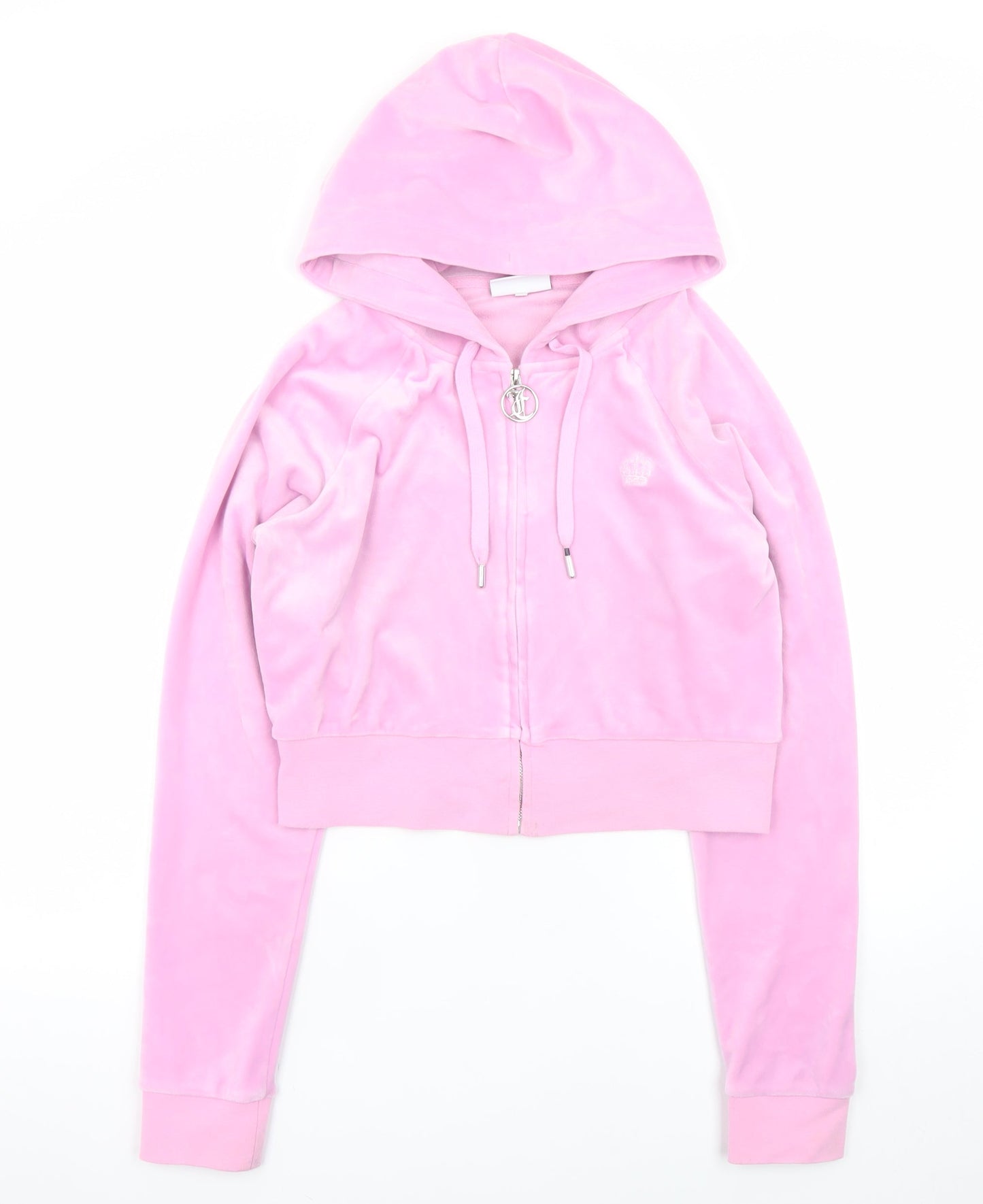 Juicy Couture Women Pink Velour Full Zip Hoodie L Rhinestone Logo