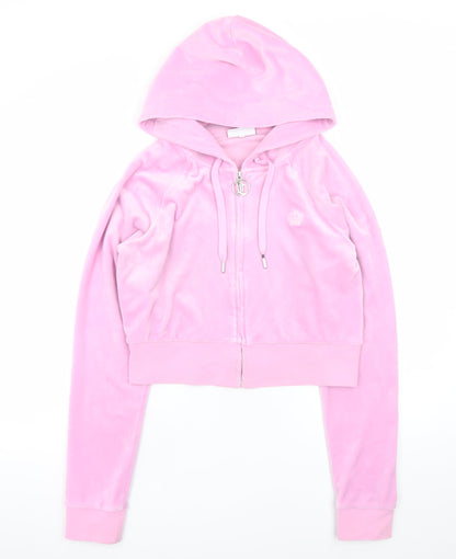 Juicy Couture Women Pink Velour Full Zip Hoodie L Rhinestone Logo