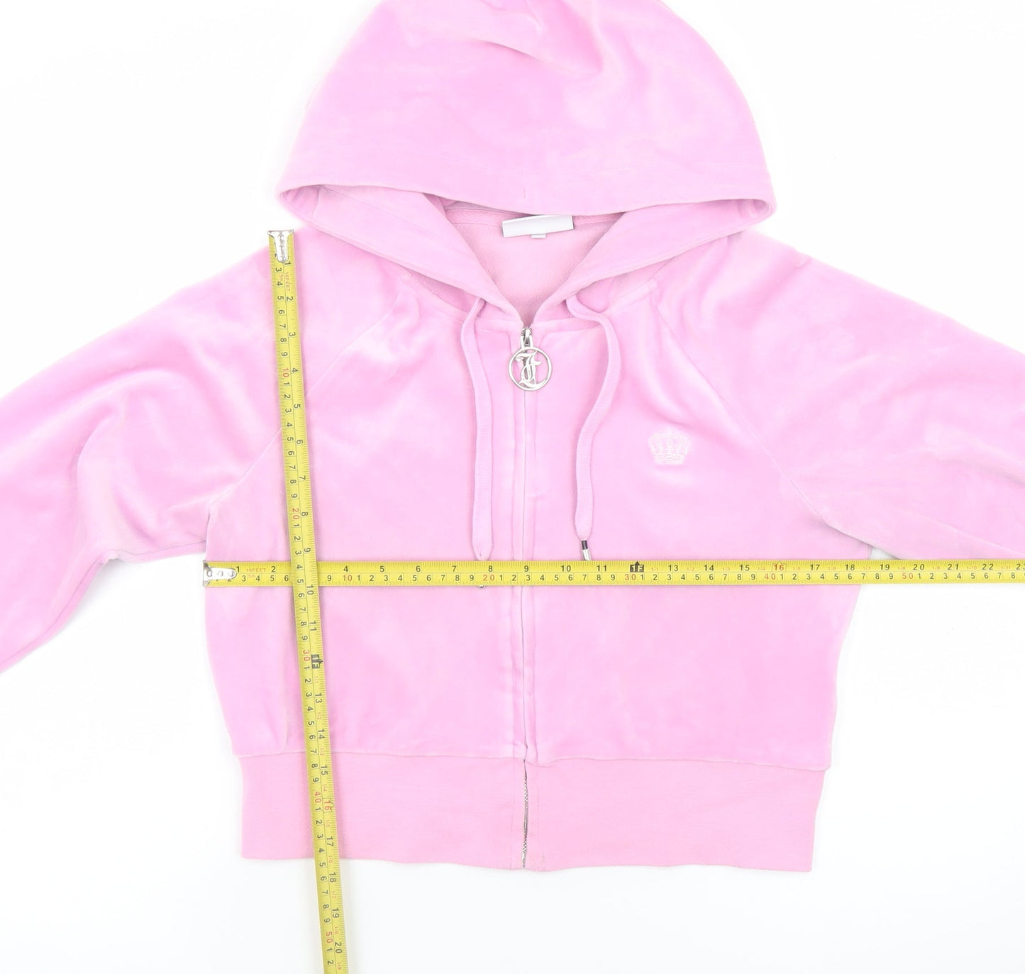 Juicy Couture Women Pink Velour Full Zip Hoodie L Rhinestone Logo