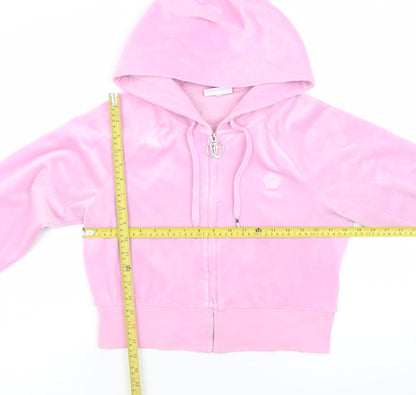 Juicy Couture Women Pink Velour Full Zip Hoodie L Rhinestone Logo