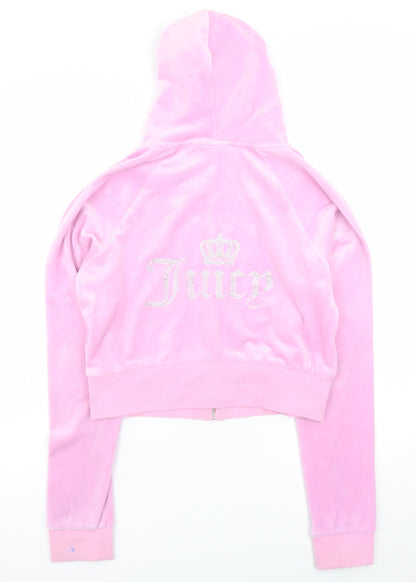 Juicy Couture Women Pink Velour Full Zip Hoodie L Rhinestone Logo