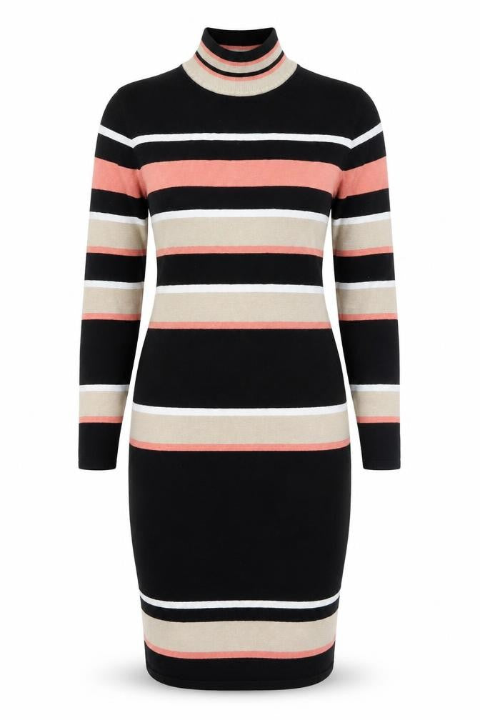 Roman Women Black Striped Bodycon Knit Roll Neck Dress Size 14