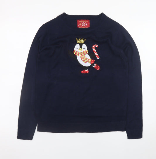Paramour Women's Blue Penguin Sequin Christmas Jumper Size M